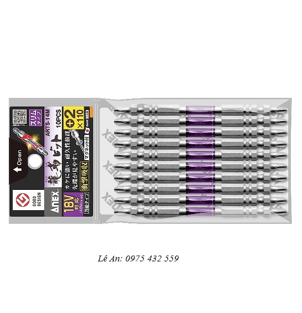 Vỉ 10 mũi vít 2 đầu có từ tính Anex ARTS-14M+2x110 Vỉ 10 mũi vít 2 đầu có từ tính Anex ARTS-14M+2x110