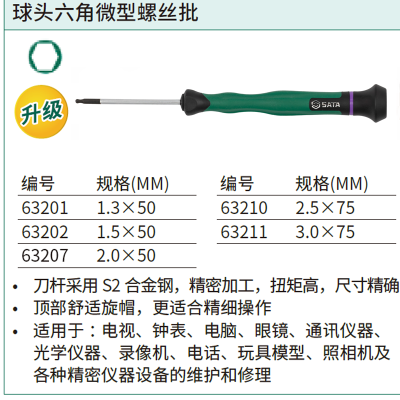 Tua vít lục giác đầu bi chính xác (size 1.3mm) SATA 63201