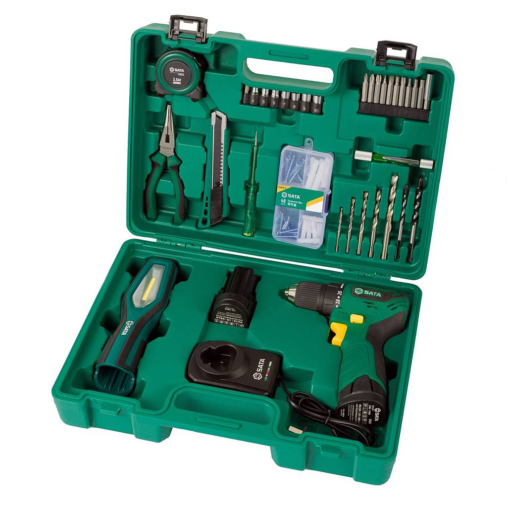 Bộ máy khoan pin 12V và đèn làm việc cầm tay (88 chi tiết) SATA 51007