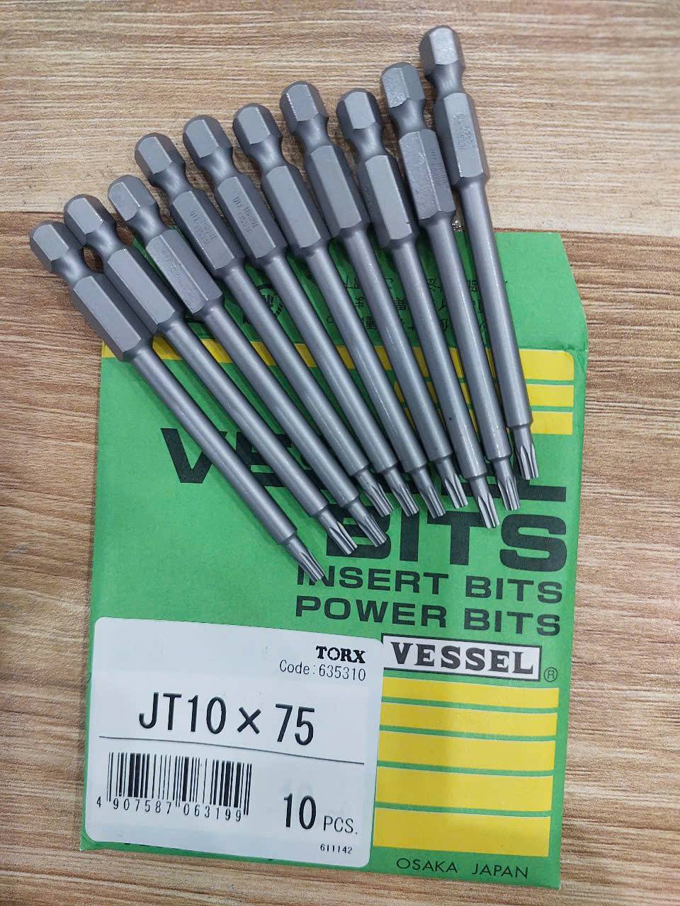 Bộ 10 mũi bắt vít hoa thị (Torx bit) chính hãng VESSEL JT10x75