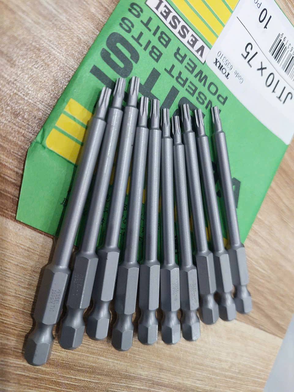 Bộ 10 mũi bắt vít hoa thị (Torx bit) chính hãng VESSEL JT10x75